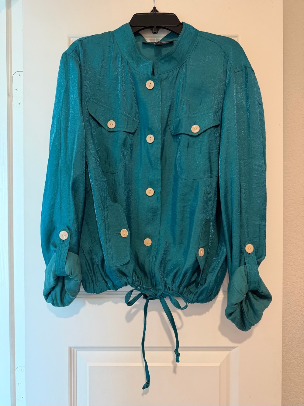 Vintage Y2K Teal Shimmer Utility Jacket XL Drawstring Ruched Sleeves